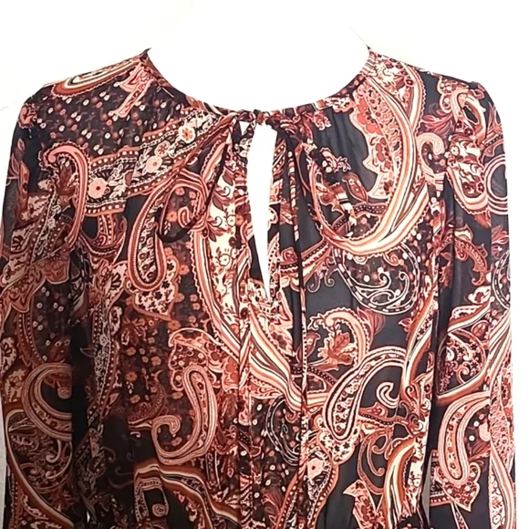 Shein Rust & Black Paisley Midi-Dress, Wide Belt, Bishop Sleeves Sz 12,XL, NWOT - Picture 6 of 13